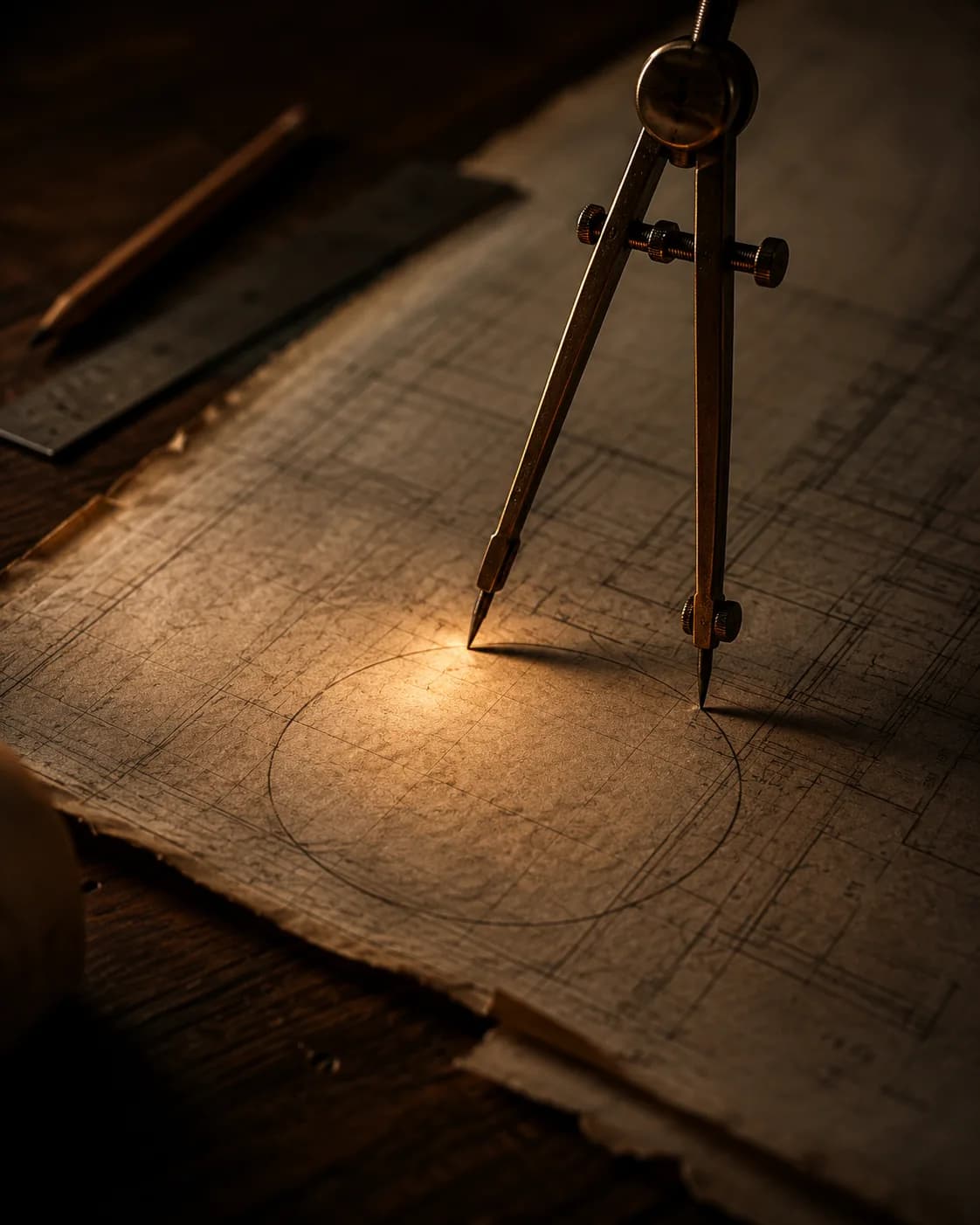 A brass drafting compass drawing a precise circle on an aged blueprint, warm light pooling where its point meets the paper.