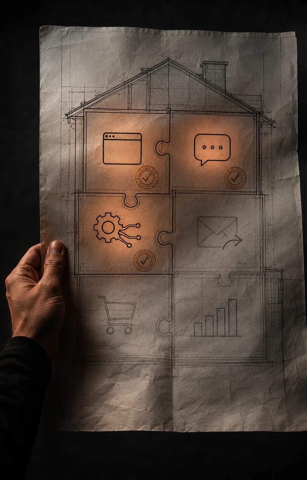 A hand holding a house blueprint whose rooms are drawn as interlocking puzzle pieces; three rooms are lit warm and stamped, the rest are still pencil outlines.