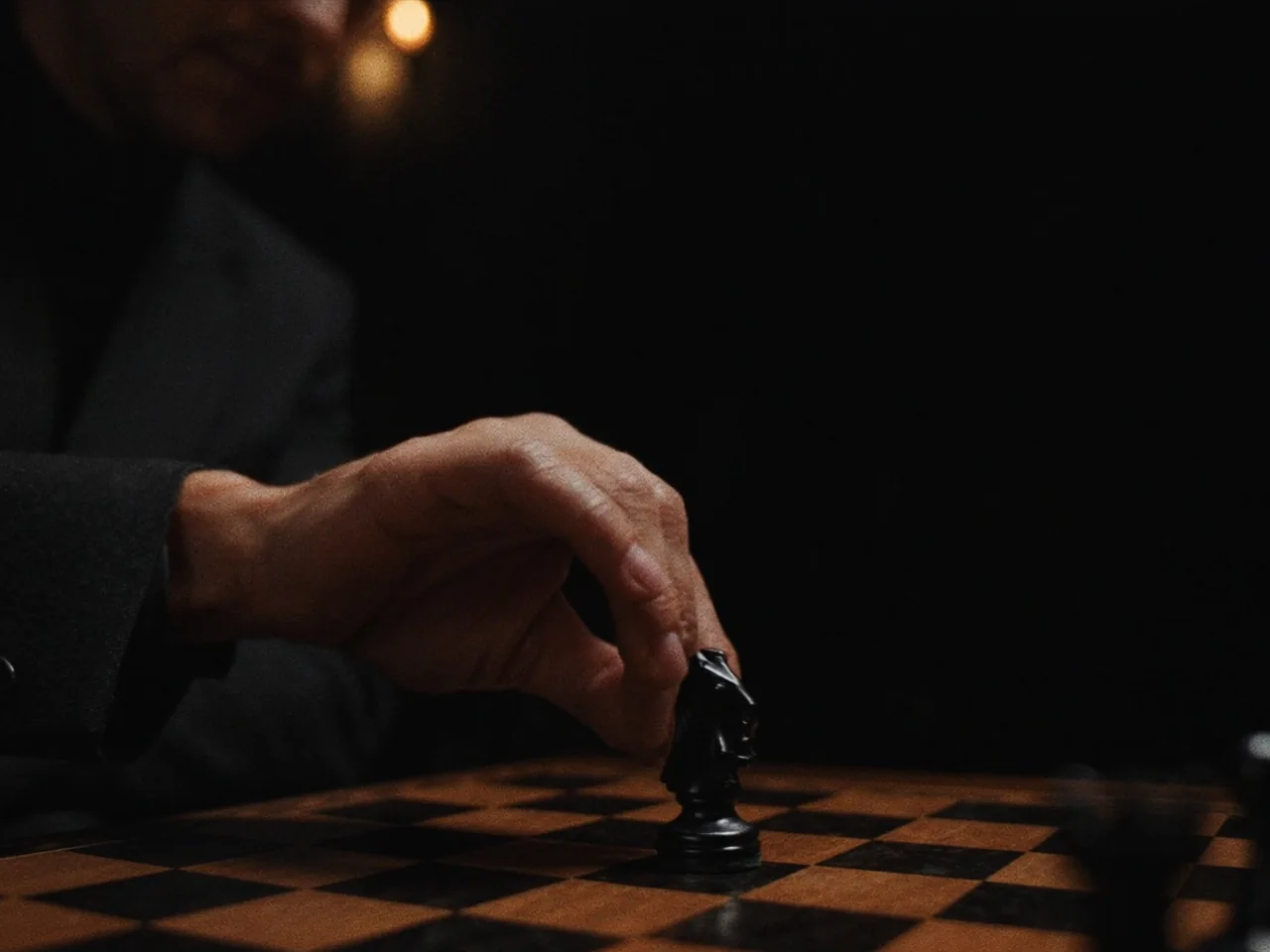 A hand placing a black chess knight onto a board, a warm lamp glowing softly in the dark behind it.