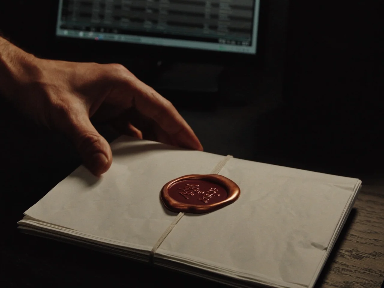 A hand reaching for a wax-sealed envelope on a desk, a glowing dashboard screen visible on the monitor behind it.