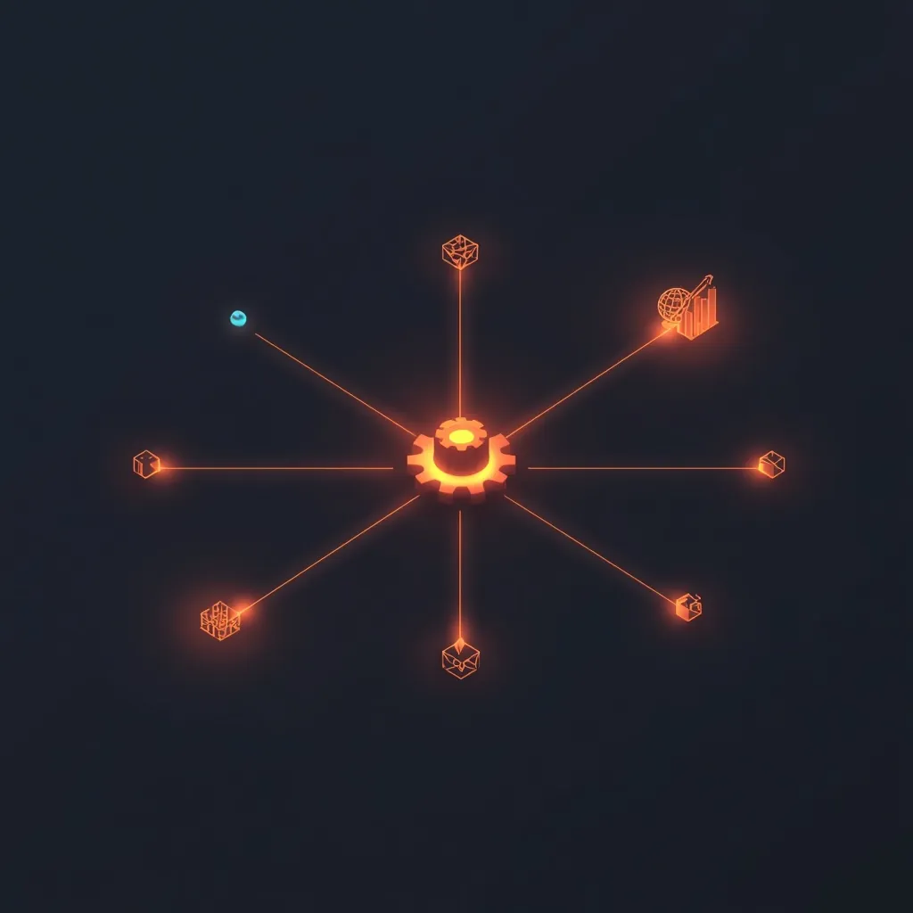 Illustration of a radiating gear hub connected to smaller nodes, representing business process automation
