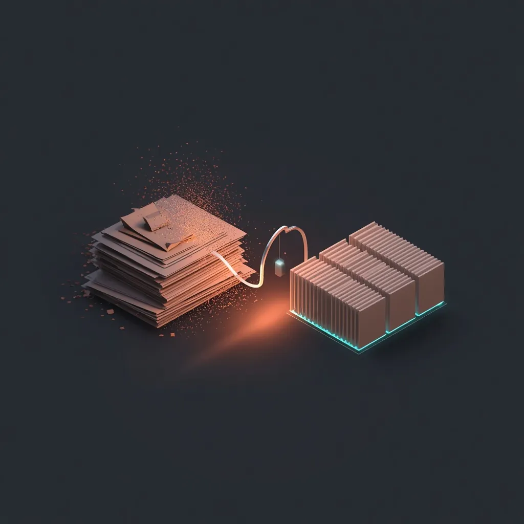 Illustration of a stack of documents connected by a glowing line to an ordered set of blocks, representing automated document intake