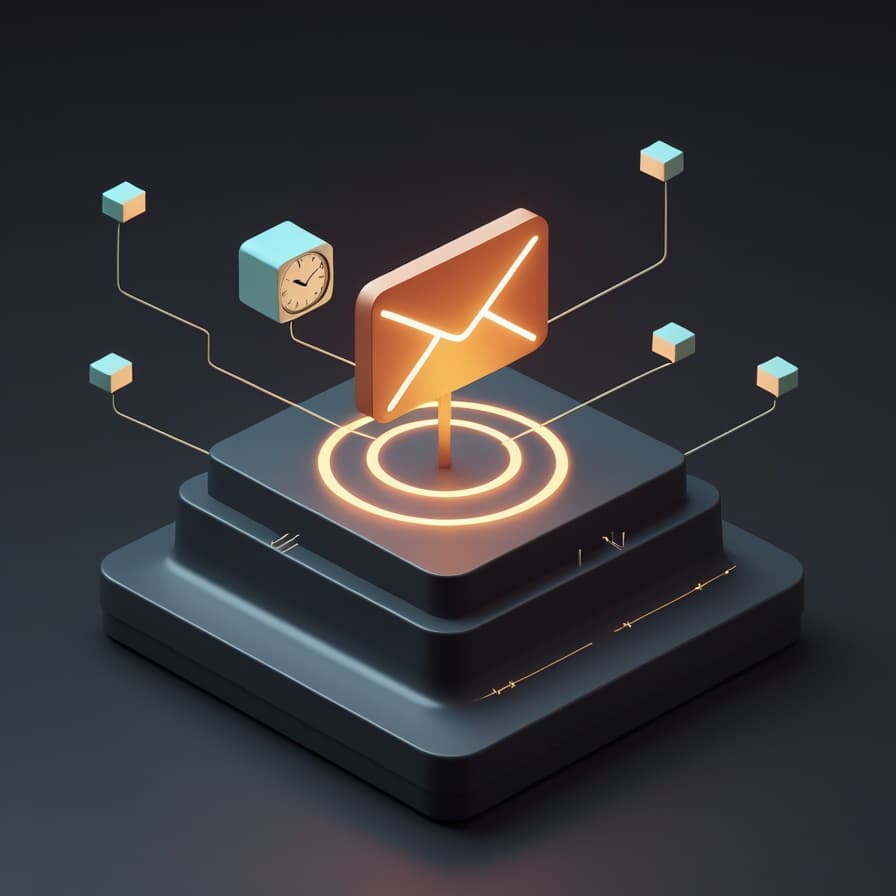Isometric illustration of a glowing envelope icon with a clock beside it and pulsing rings beneath, wired to connector nodes, representing an instant automated reply