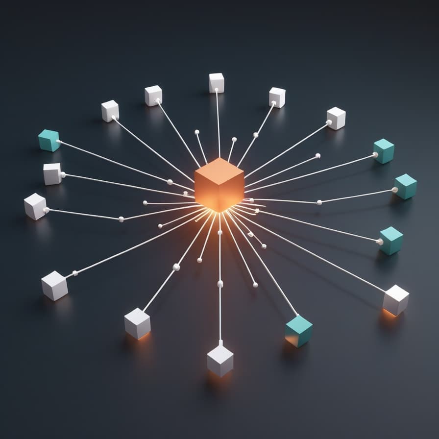 Isometric illustration of a central glowing cube radiating many thin connector lines to a wide ring of smaller nodes, representing outreach sent at scale to many individual prospects