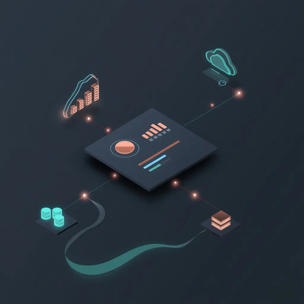 Illustration of a glowing dashboard panel with a search bar and data bars, wired to connector nodes, representing a live business data dashboard