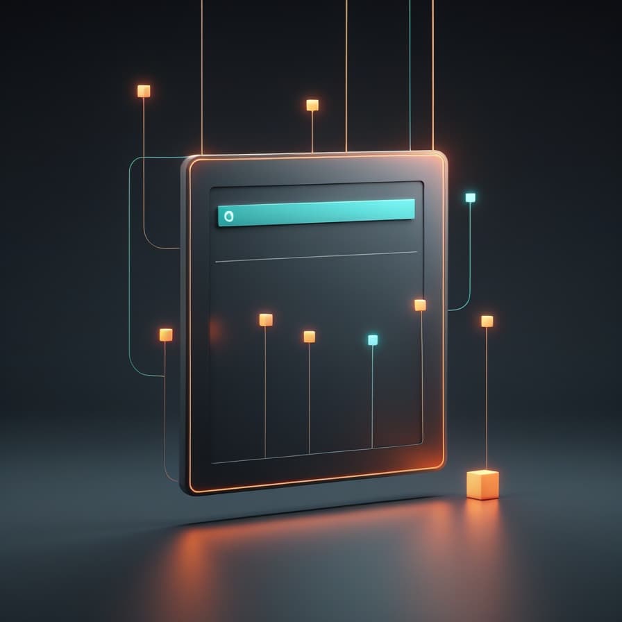 Isometric illustration of a screen-like panel with a search bar and data lines, wired to glowing connector nodes, representing a website built to convert