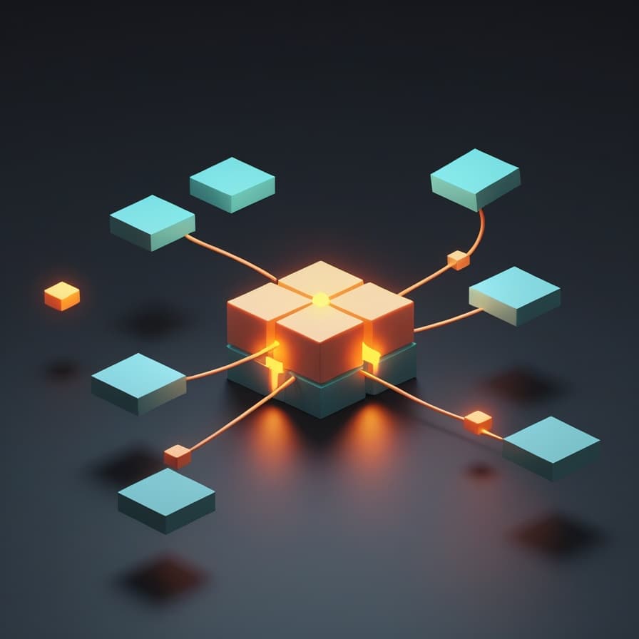 Isometric illustration of a central modular cube built from four snapping pieces, connected to a ring of smaller floating modules, representing a custom capability assembled from parts