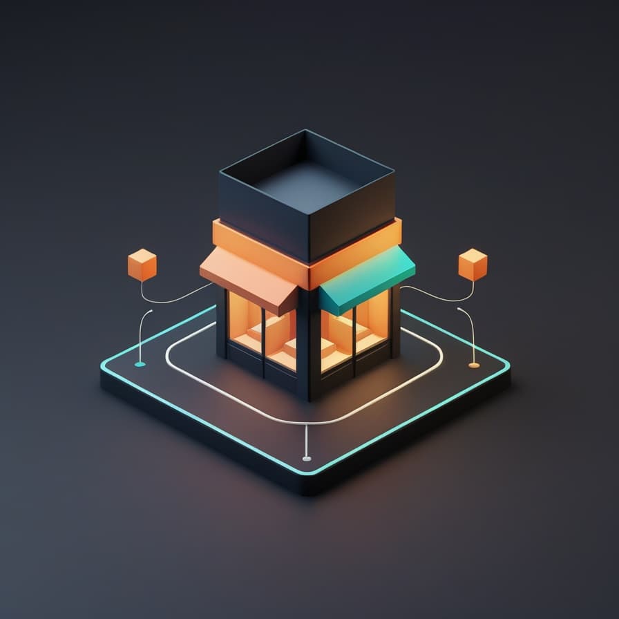 Isometric illustration of a small lit storefront with an awning, sitting on a glowing looped platform, representing a store that runs continuously